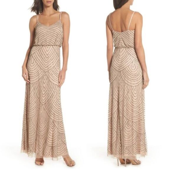 Adrianna Papell Elegant Beige Sequin Dress Size 8 - Picture 2 of 12